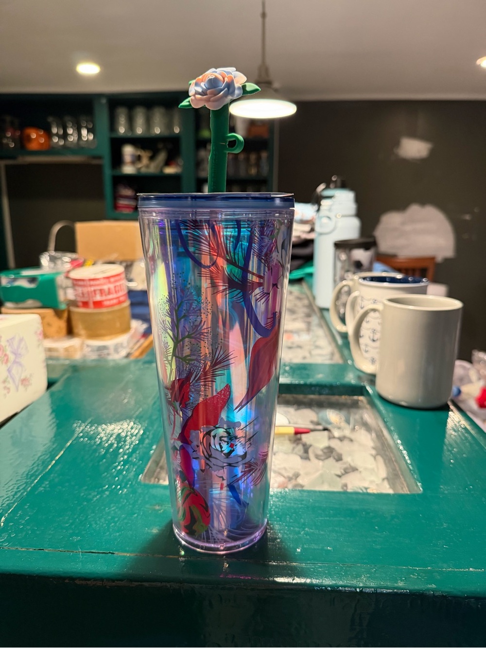 BNWT Starbucks Iridescent Floral Travel Tumbler with Flower Straw